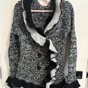 Boston Proper Black & White Ruffle Knit Cardigan
